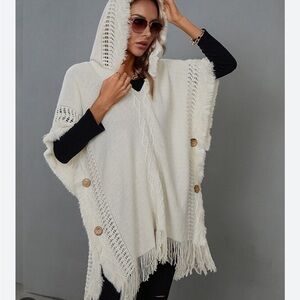 Cozy Cream Fringe Button Poncho Sweater